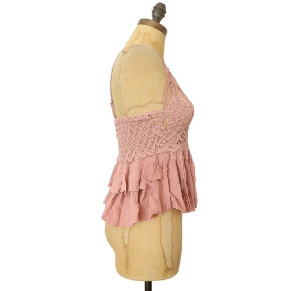 Free People Intimately Adella Cami S Mauve Pink Lace Tiered Peplum Crop NWT B85 - Picture 3 of 6